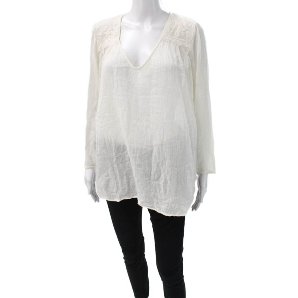Current/Elliott Women Tunic Blouse White Gauze V-Neck Long Sleeve Size 1